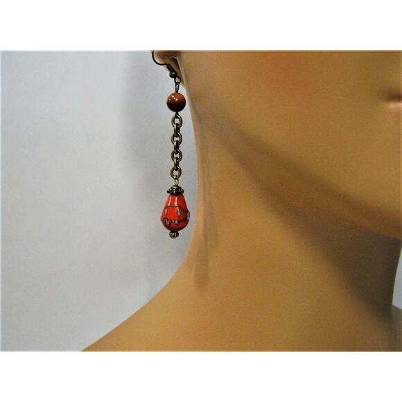 Set of Handrafted Vintage Art Glass Beaded long Dangle Drop Earrings 2 inch - Picture 5 of 11